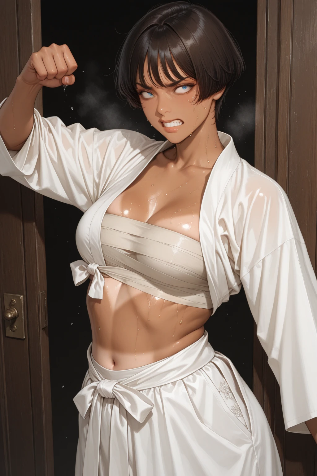 masterpiece, best quality, ultra-detailed, 1woman, solo, ((mature face)), milf, thick, makotoms, ribbon choker, sports bra, belt, cleavage, ((panties, tits, nipples)), navel, on a mountain, cowboy shot, volumetric lighting, intricate details, tonemapping, sharp focus, hyper detailed <lora:Makoto:0.9>