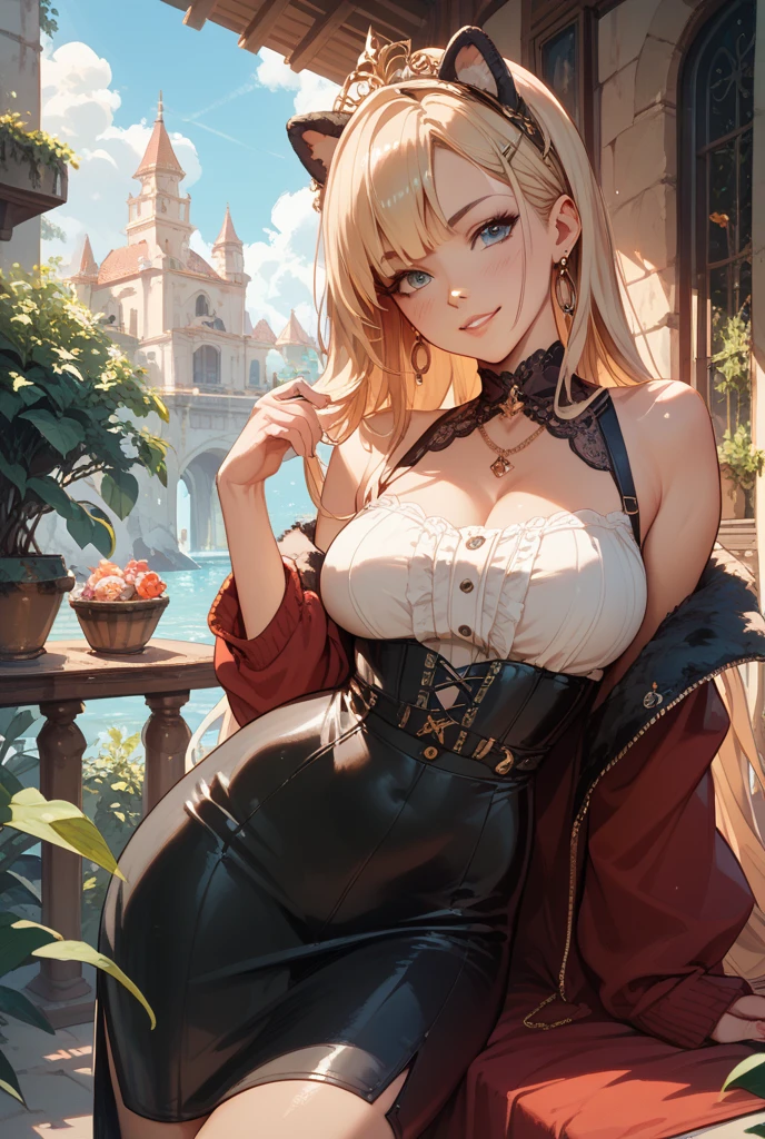 A beautiful and sexy viking woman dress like a tavern wench, beautiful refined face detail, bright light eyes, flirty smile, mischievous glint in her eye, perfect legs, wonderful and innocent energy, adventurous spirit, Lucious hair, atmospheric fog, ambient light, rim light, an overgrown mountain forest,
sultry look, seductive