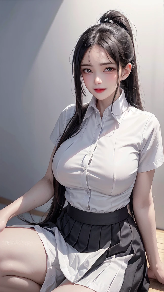 1lady standing, /(casual shirt/) (black pencil skirt:1.1) /(id card lanyard/), mature female, /(brown hair/), /(sleeveless/), bangs, moaning, lips apart, blush, sexy, (masterpiece best quality:1.2) delicate illustration ultra-detailed BREAK /(modern office indoors/), window skyscraper