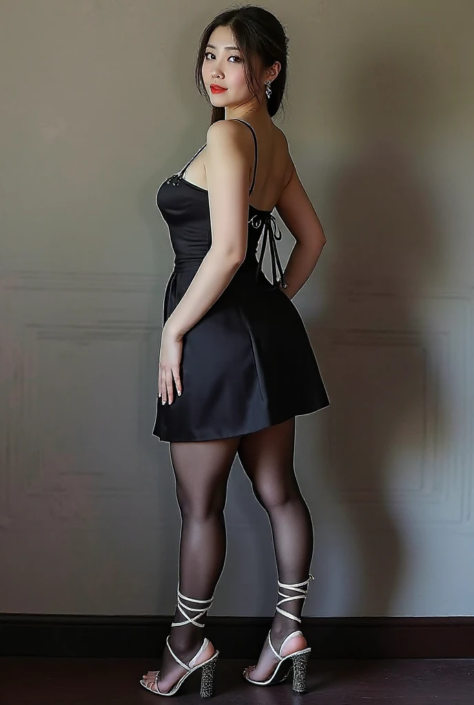 a woman with short black hair, white skin color, wearing black and red striped tights, accentuating her round glutes in short black shorts, with a bodysuit on top highlighting her large, round breasts, In a white room with a rose