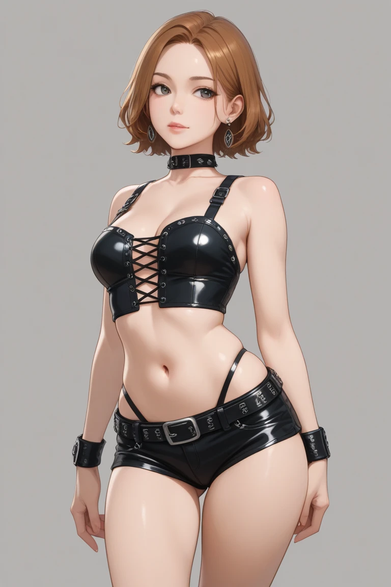 1girl, rei ayanami, full body, barefoot, female BIMBO yellowish tiger print bikini, hands on waist, navel, lustful smirking smiling, smile face, red blushed, red cheeks, gold sleeveless armbands, black leather choker collar, sleeves bracelets wristband, leather corset
