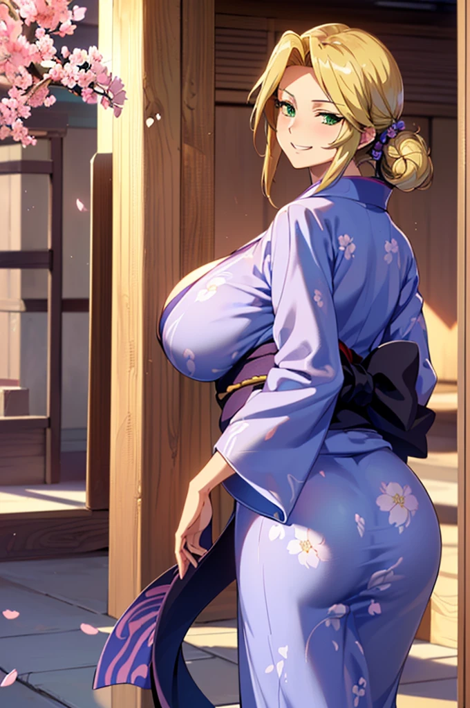A milf wearing a Yukata outfit with a hair bun hair color is black. A milf with H-cup , curvy body, has a nice round plump . She is outside in her japanese house with a sakura tree in her backyard. There are fire works in the background and it is night time with stars. Staring at the camera facing foward.
