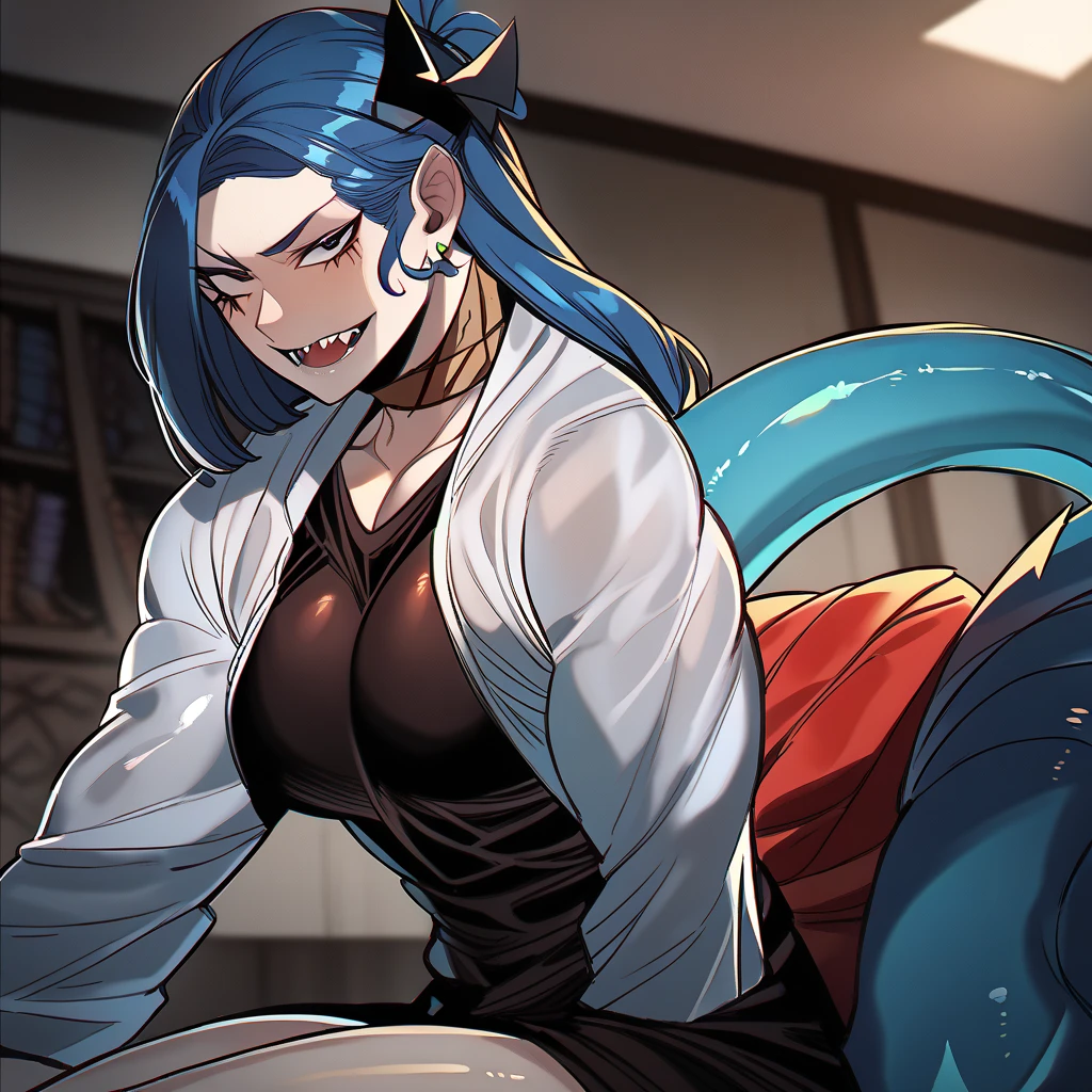 ((Highest quality、unity 8k wallpaper、32K、masterpiece、Very detailed、Ultra-high resolution、Ultra-high resolution、 Very detailedな顔, RAW Photos, Professional, Ultra-fine painting, Anatomically accurate lizard man)) Kotegawa Yui morphing into lizardwomen, kotegawayui, black long hair, yellow eyes, ((Reptilian eyeouth with sharp fangs、From shoulder to clavicle、Covered in fine scales up to the neck、(On the butt、A long, impressive lizard tail connected to the spine growing from the tailbone) 、Lizard legs with sharp claws、Fine blue scales growing like thigh-high socks、Fine blue scales growing like long gloves、Long fingernails)、Nipples in full view、((Fine scales on the flank、Fine blue scales growing around the waist, Scales on the back、Scales from flank to thigh))、The boundary between the scales and the skin is not clear、