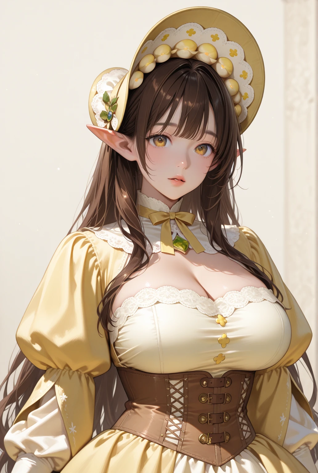 1girl, shy pose, see-through golden trimmed lace embroidery strapless dress, arms behind back, head tilt, detailed face, shy expression, blush, looking at viewer, short hair, flat bangs, shoulder, golden colored lighting, (spot light:1.2), ornate necklace, ornate geometric statement hoop earring, (fidelity: 1.4), amazing, masterpiece, curly gray hair, red eyes, (pointed elf ear), (medium wide shot:1.2), (gigantic breast:1.4),
