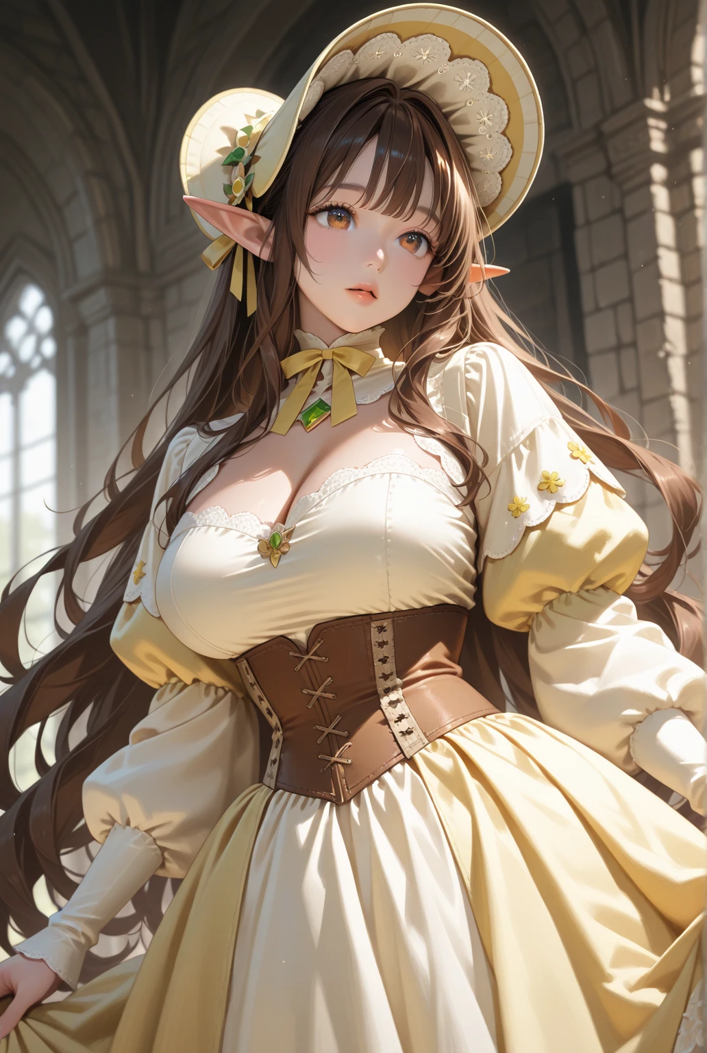 A young woman with light brown hair and a ponytail wearing a fantasy white costume、Green Eyes
