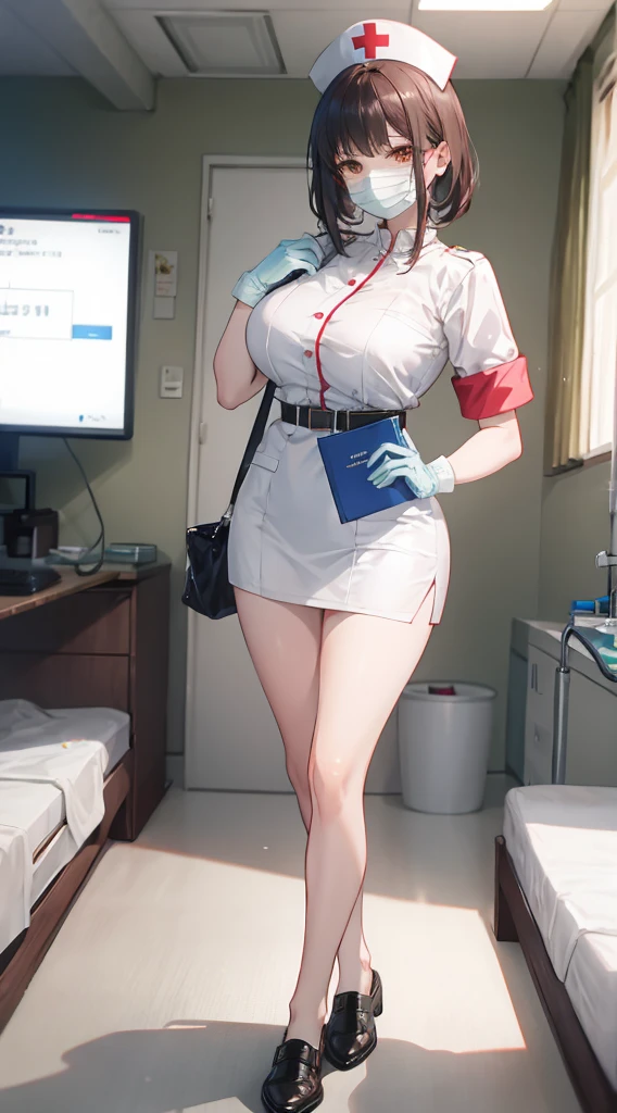 ((masutepiece)), ((Best Quality)), ((anime profile style)), ((HD 4K)), ((Female Character)), ((Nurse)), ((Beautiful body)) , girl, Female face, Happy, ((flushed)), bright skin, ((Eyes)), eyelid, pupils on, Sclera, Iris, eyebrow, Eyelashes, ear, Nose, ((hair)) , ((purple hair)), ((hair highlight effect)), ((Clothes highlight effect)), ((body highlight effect)), Neck, shoulders, (thin waist), ((perfect tummy)), missiles, ((thick legs, ((In the hospital)), details in environment, surrounding objects, ((Lighting)), viewer's view, Deca areola, erectile nipple, no-bra, panthyhose