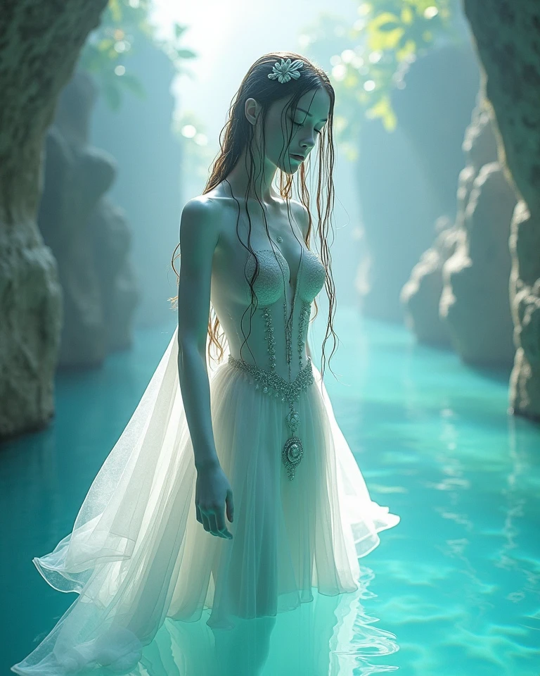 A girl is wandering in a wide forest. Her expression shows anxiety and her state of mind changes depending on the situation. This scene is beautiful, like a painting, and her attitude is beautiful and cute, but she... is still lost and trying to decide which direction to take near a large swamp.