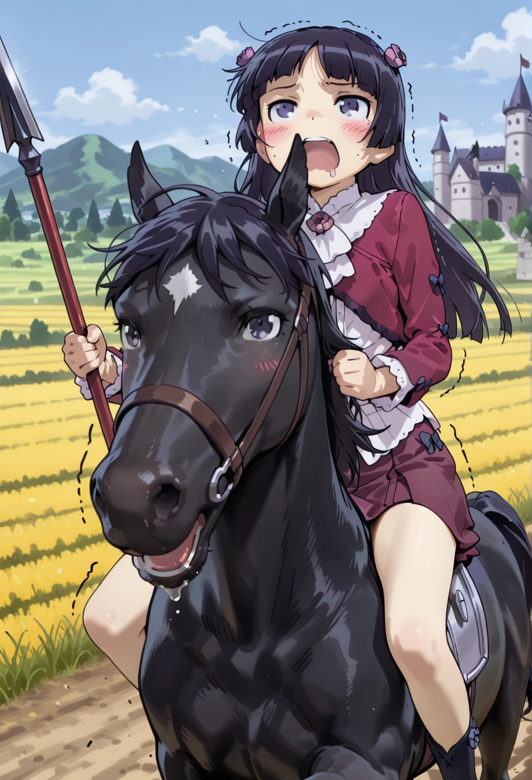 female knight　Black Hair　armor　Torn white skirt　White underwear　battlefield　Are crying