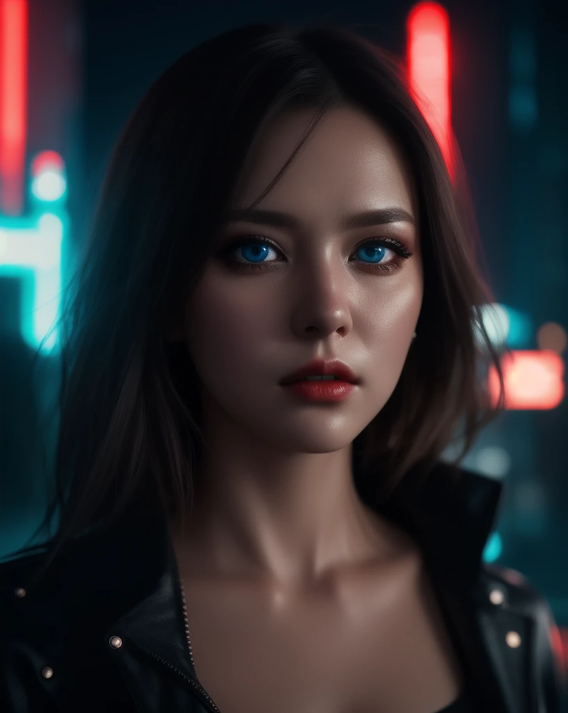 A dark angel woman in a cyberpunk thai dress, beautiful detailed face, piercing eyes, detailed lips, long eyelashes, intricate lingerie, glowing neon cyberpunk city in the background, dramatic lighting, dark moody colors, cinematic composition, highly detailed, 8k, hyper realistic, unreal engine, concept art style