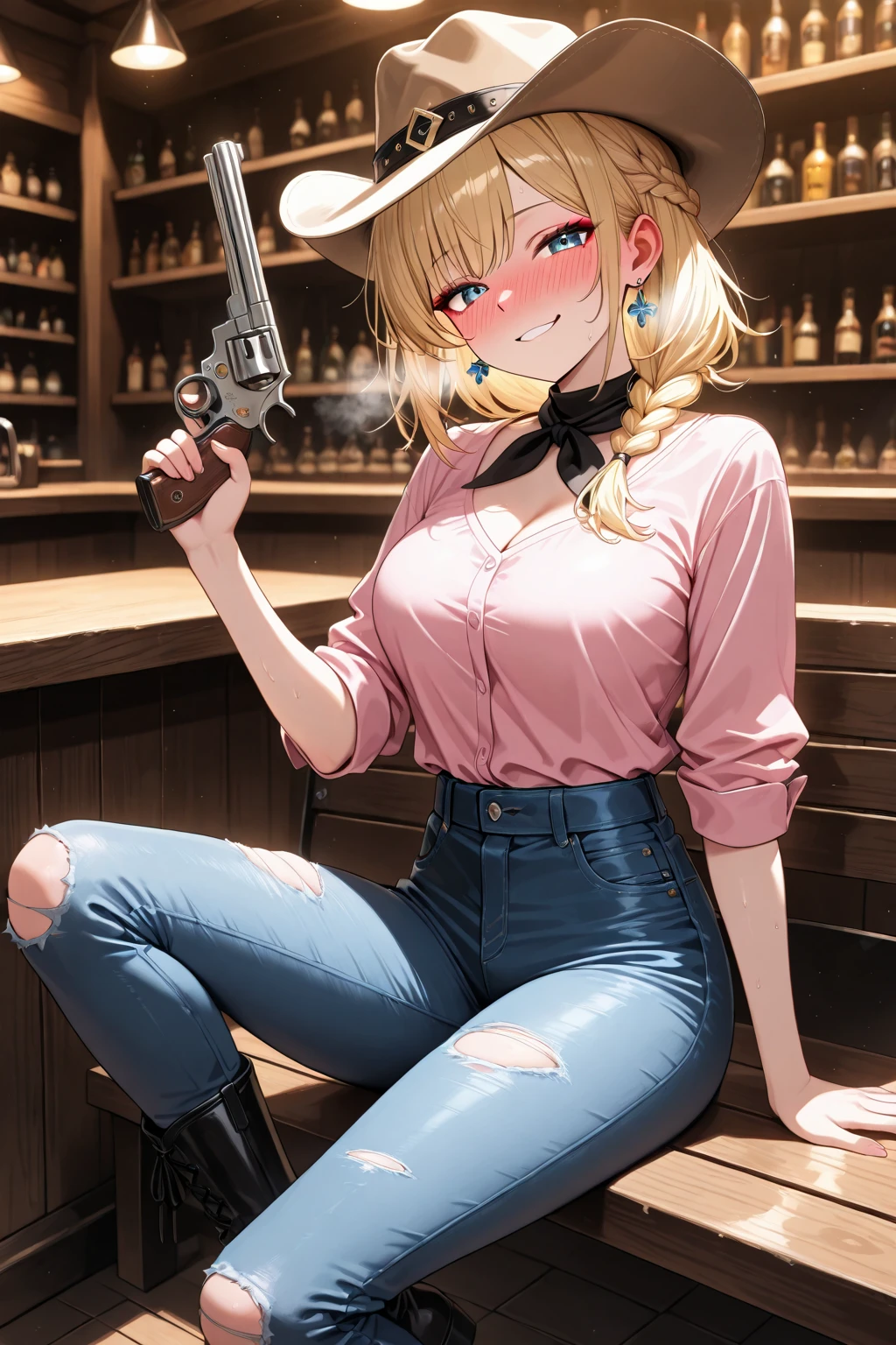 (((1 person:2.5))),(((NSFW:1.5))),(((Wear denim hot pants:1.5))),(((Wear a short-sleeved collared shirt:1.5)))(((Wear a gun belt with a holster:1.8))),,((Put the watch on your wrist:1.5))),(((Showing cleavage))),(((Exposed thin inner thighs))),(((Small breasts:1.5))),(((Bare arms))),(((Put on your boots:1.5))),((Blushed:1.8)), Beautiful detailed girl, Very detailed目と顔, 緻密でBeautiful Eyes, Very detailed, High resolution, Highest quality, masterpiece, Very detailed, 8k wallpaper, wonderful, finely, Highest quality,(Standing in front of a wooden wall),Beautiful Eyes,((Engage your audience:1.5)),((Cowboy Shot:1.5))),((Front shot:1.2)),((Place your right hand on your chest:1.5)),((Drinking whiskey:1.4)),(((Drunk,Cry:1.8))),(((Sitting on a chair:1.2)))