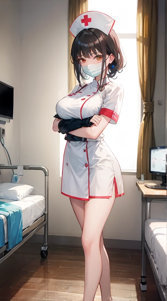 masterpiece, best quality, detailed, solo, 1girl, hmochako, nurse, stockings, seductive pose, nurse cap, chest curtains, gloves, smiling, caring, compassionate, interact, friendly, warm, hospital, medical clinic, nurse station, bedside, treatment room, medical equipment, supplies, hospital beds, monitors, medications, patients, colleagues, traditional, light blue, protective, background, setting, medical, clinical, bedside, treatment,  equipment, supplies, hospital bed, monitor, medication, surgical mask, short hair, medium breasts, beautiful brown eyes, cleavage, big breasts, sweating, blushing, heavy breathing,