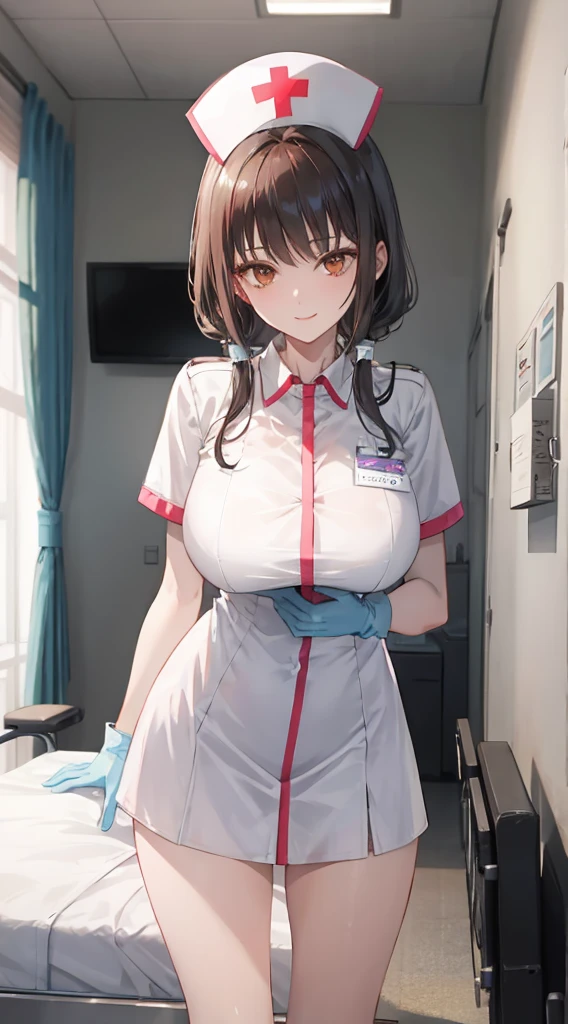 1girl, solo, nurse, nurse cap, white wear, ((white legwear, zettai ryouiki)), white gloves, pink hair, drooping eyes, ((covered nose)), standing, ((hospital room)), sharp outline, short sleeves, best quality, masterpiece,Fleshy,Brown eyes,Fleshy,Black hair,happy,lol,Heart,belt,Black clothes,Exposing underwear,Black lingerie,Hug chest,Lower chest exposed,Upper chest not exposed,Side breast exposure