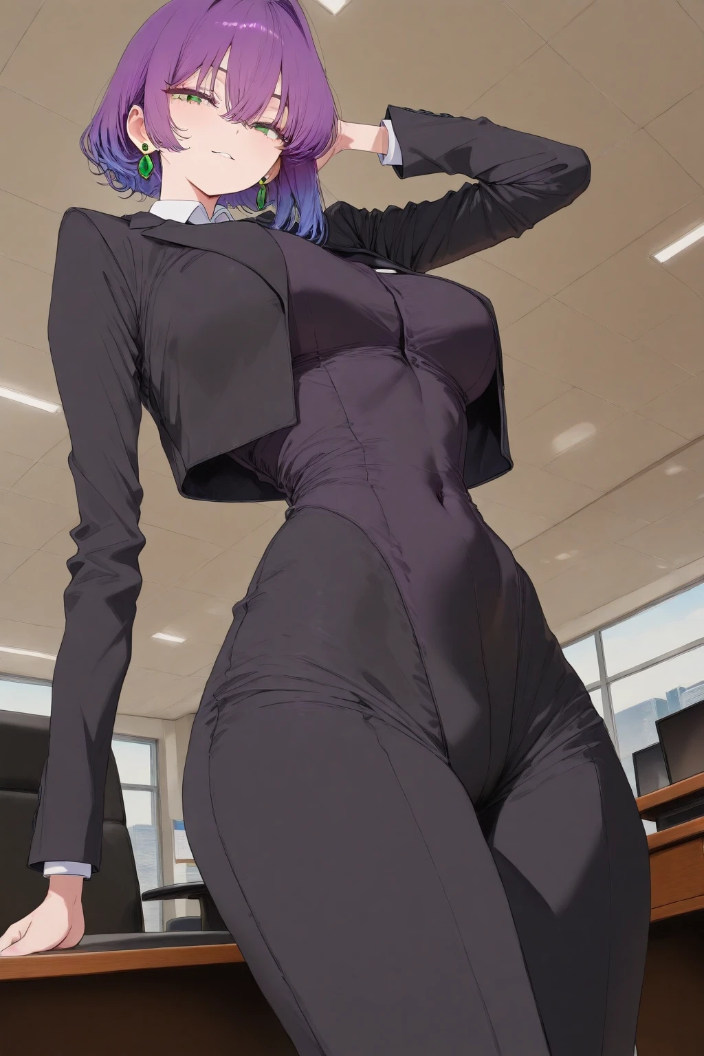 Short purple hair, plump youthful face, black police cap, red tie, purple tight low-cut dress, purple leather gloves, black leather boots, strapless thighs, big breasts, anime style, stone prison.