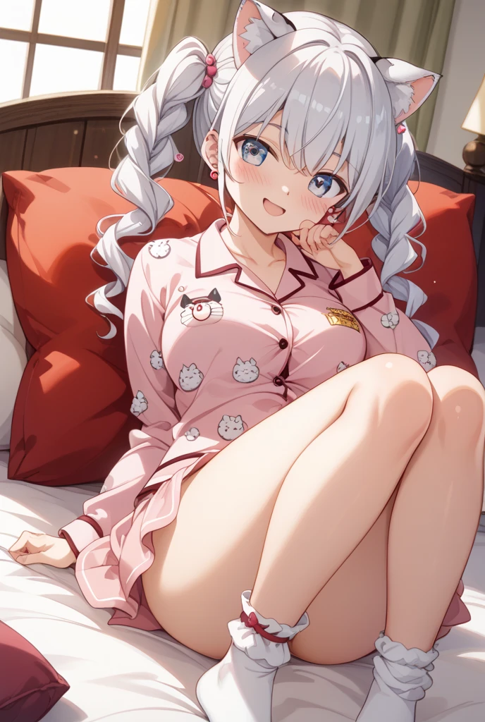 8k, masterpiece, highly detailed, beautiful woman, twin braids, <lora:twin_braids-1.0:1>, very long hair, (pajamas), futon, chibi