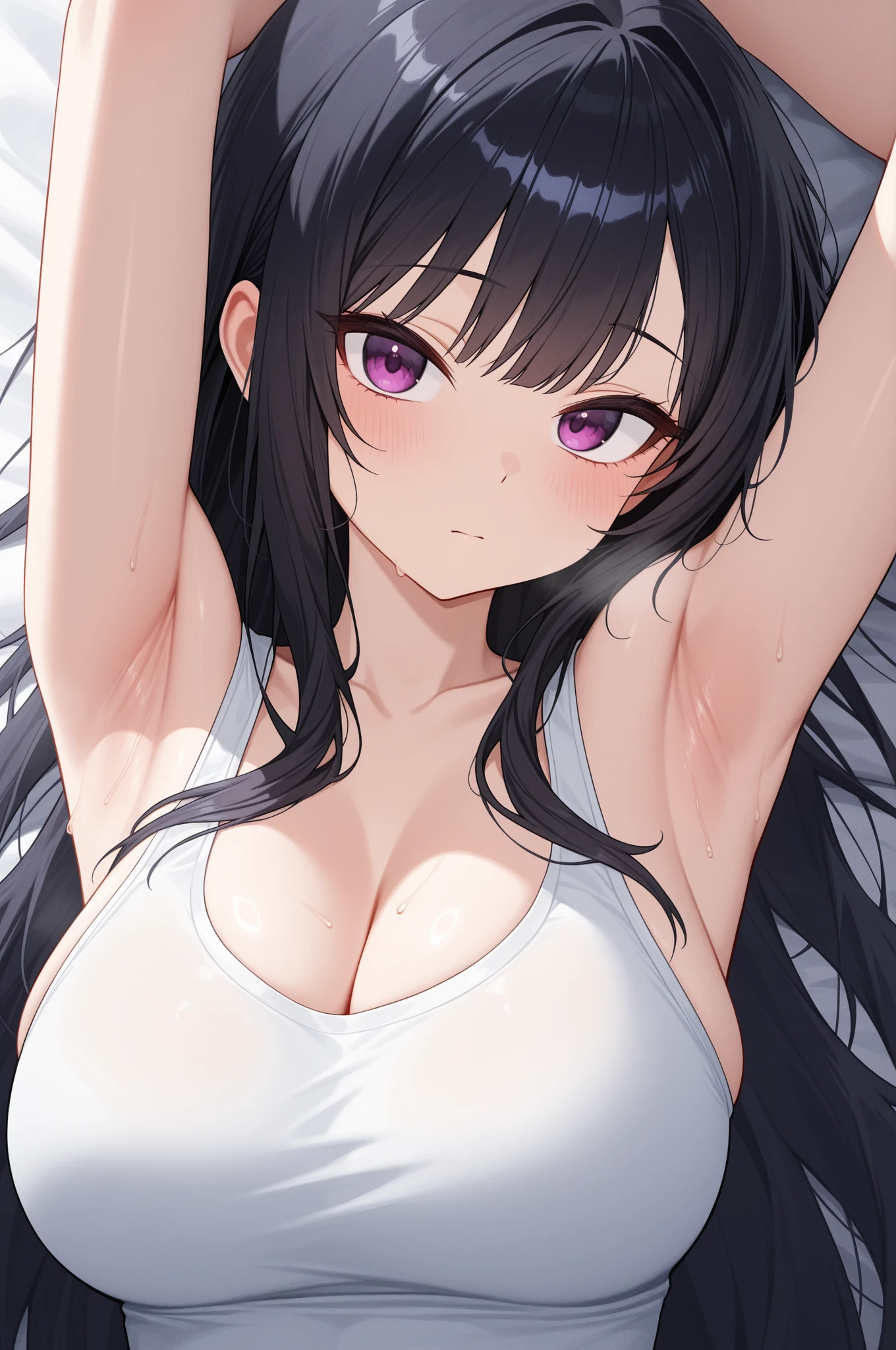 Beautiful Chitanda,There is only one beautiful girl,Purple Eyes, Black Hair, Natural straight hair, Straight bangs,Extremely refined,open your lips,Face is so red,Very white skin,Skin as delicate as porcelain,Glowing skin,big eyes,Flowing long hair,beautiful girl, Like a dream,Slim,Slim waist,Soft, (Sensual), (Kawaii), Dream quality,In the snowy mountains,White coat,White bikini,The body is soaked,Side body,Deep V neckline,Loose neckline,Beautiful big breasts,no pants,No pants,Delicate clavicle,Delicate hands and feet,Raise your hands,Showing armpits,Bare neck,There is no decoration on the neck,Bare thighs,Exposing the groin,Camel toe,extremely shy,Ultra-high resolution, (masterpiece:1.2, best quality), (Delicate and beautiful eyes: 1.2), (Beautiful and delicate face)