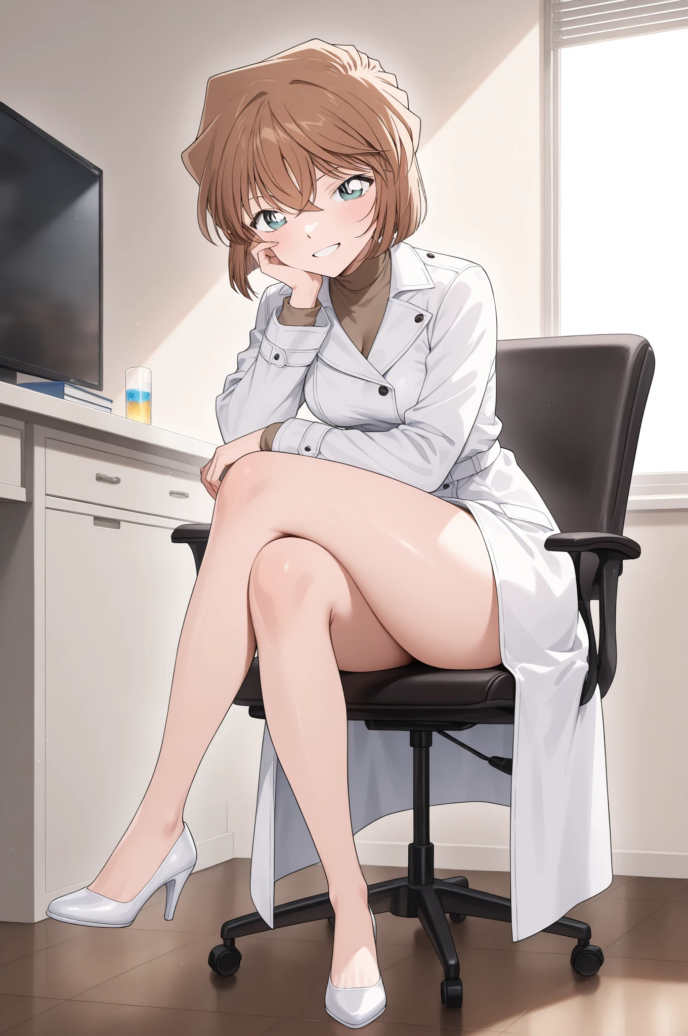 a woman,Hairstyle: Long orange hair tied neatly.beautiful,sexy,Eyes: Brown eyes.Facial Expression: Serious and attentive expression.Clothing: White doctor's coat, stethoscope around the neck, and light blue underwear.Background : Doctor's practice room with medical equipment around. Lighting: Bright with clinic lights that illuminate the entire room. anime semi realism,HD resolution, full body