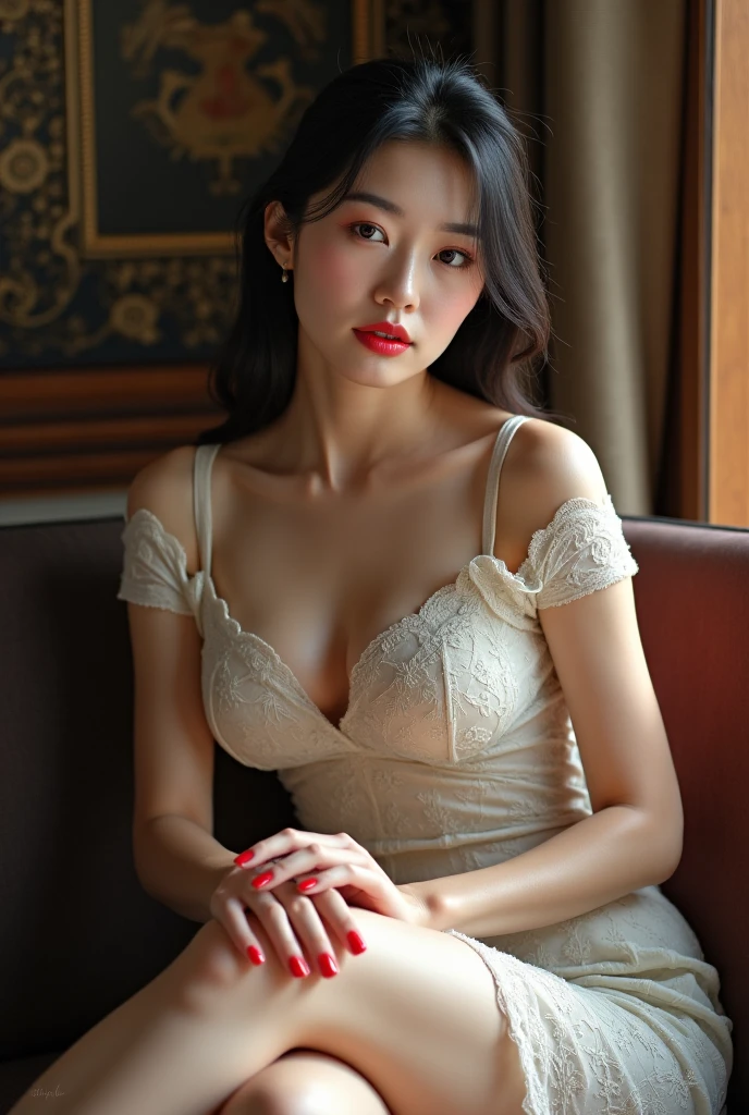 (masterpiece), photo of attractive woman, teacher, naughty, messy long hair, flirty, sits in a classroom, artwork on the blackboard, short black skirt, black lace lingerie, large breasts, cleavage, camera above, voyeuristic, intimate, soft light, warm glow on her face and body, computer, focused, skin and hair, soothing, high-detail skin, partially exposed