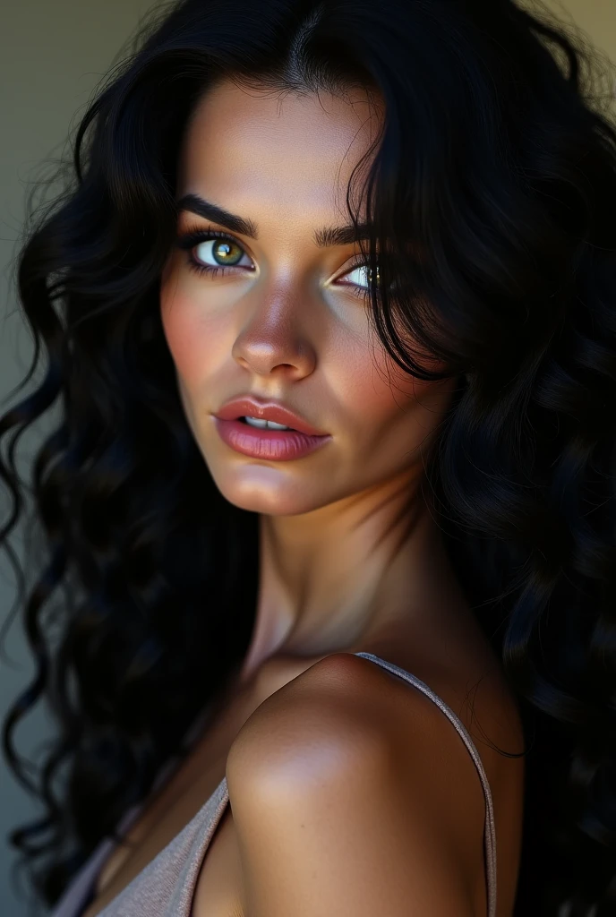 Pale skin model with blue eyes and black curly long hair. Full body hot