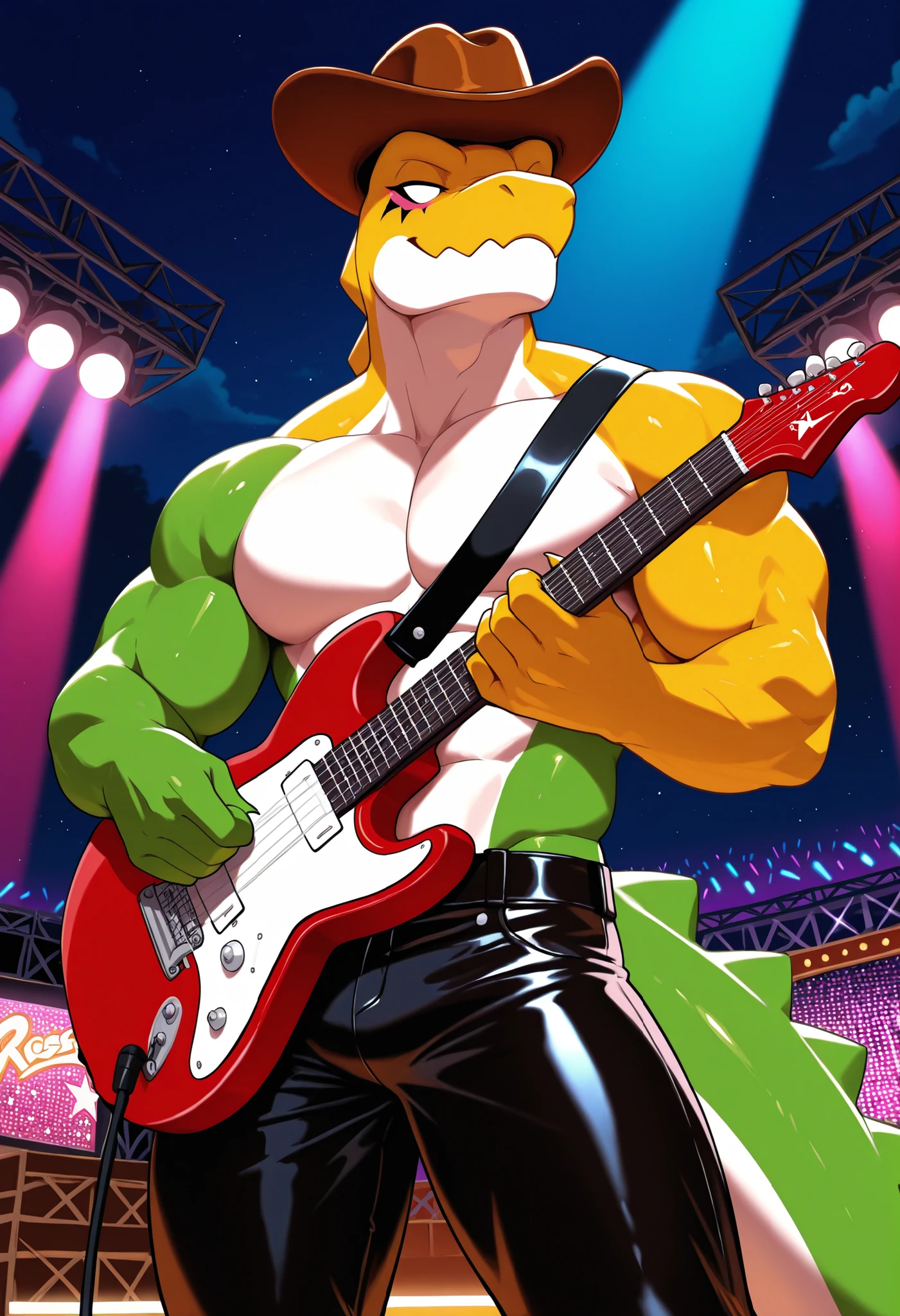 gummig0o, cowboy hat, no pupils, anthro, three-tone skin, perfect anatomy, masterpiece, man, muscular male, solo, detailed background, night, stage, holding electric guitar, show, rockstar, mosh pit, black leather pants, kiss style makeup