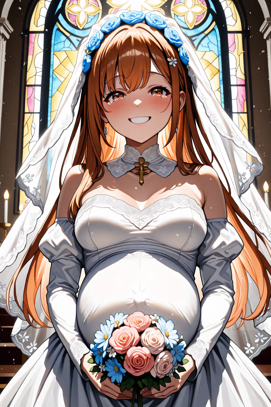 masterpiece, best quality, highres, 1girl, hi1, purple hair, purple eyes, large breasts, hair bow, standing, wedding dress, white gloves, (smile), church, pregnant
