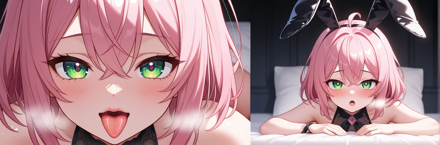 NSFW,flat color,masterpiece,anime style, very delicate and beautiful, Super detailed, High resolution,best illustration, best shadow,Complex,sharp focus, high quality, sacred painter, small breasts , stick out tongue,one beautiful girl, stinky eyes, light pink hair, bob cut hair,love juice, Emo Fashion, cyber punk
