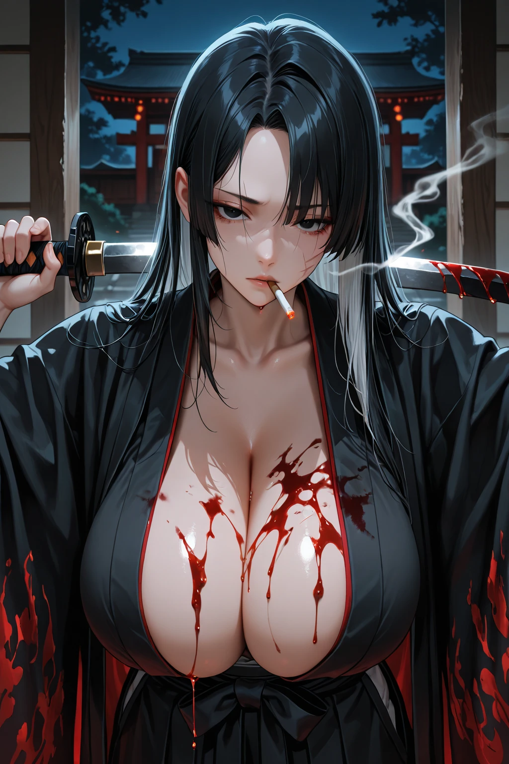  simple background, monochrome, horror (theme) there is a broken picture, black paint splatted, red blood splatted, smoked, red blood  (((anime girl character))), big boobies, wearing a mask, (((she is holding a bloody samurai sword))), messy bob hair style