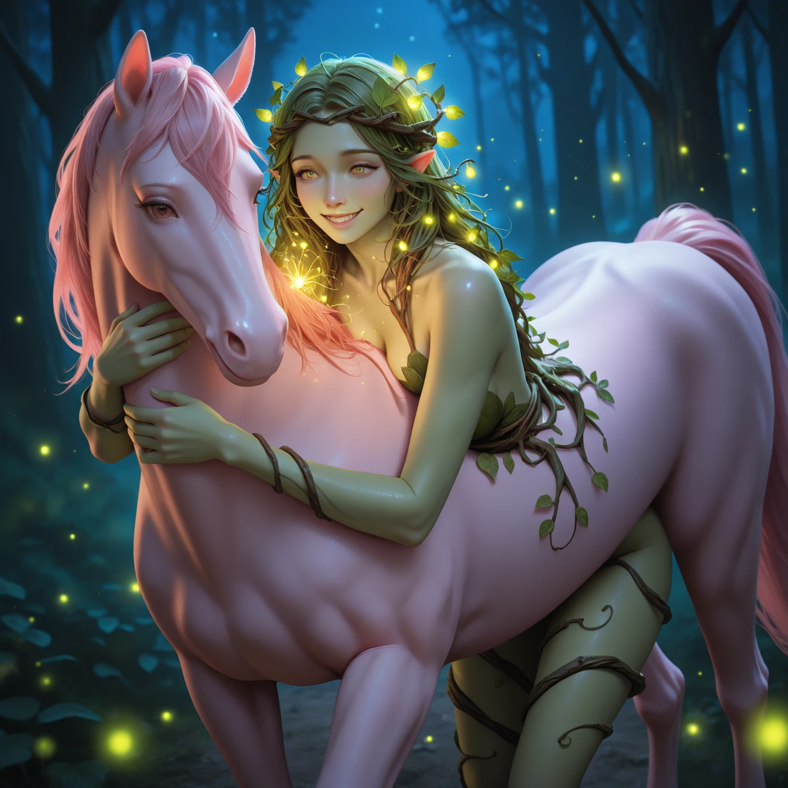 Lillia from League of Legends, ((deer centaur)), 4 hooves, two arms, two hands, deer tail, fluffy, high resolution, realistic, Soft, 4K, upscales, high detail, Delicate fur, forest, big breasts, big nipples, hyper areola, long nipples, 4 legs, feral, smile, purple eyes, 1 girl, peeking at viewer, big feral deer butt, hyper canine pussy, presenting canine pussy, back toward viewer, looking back at viewer, drippy pussy