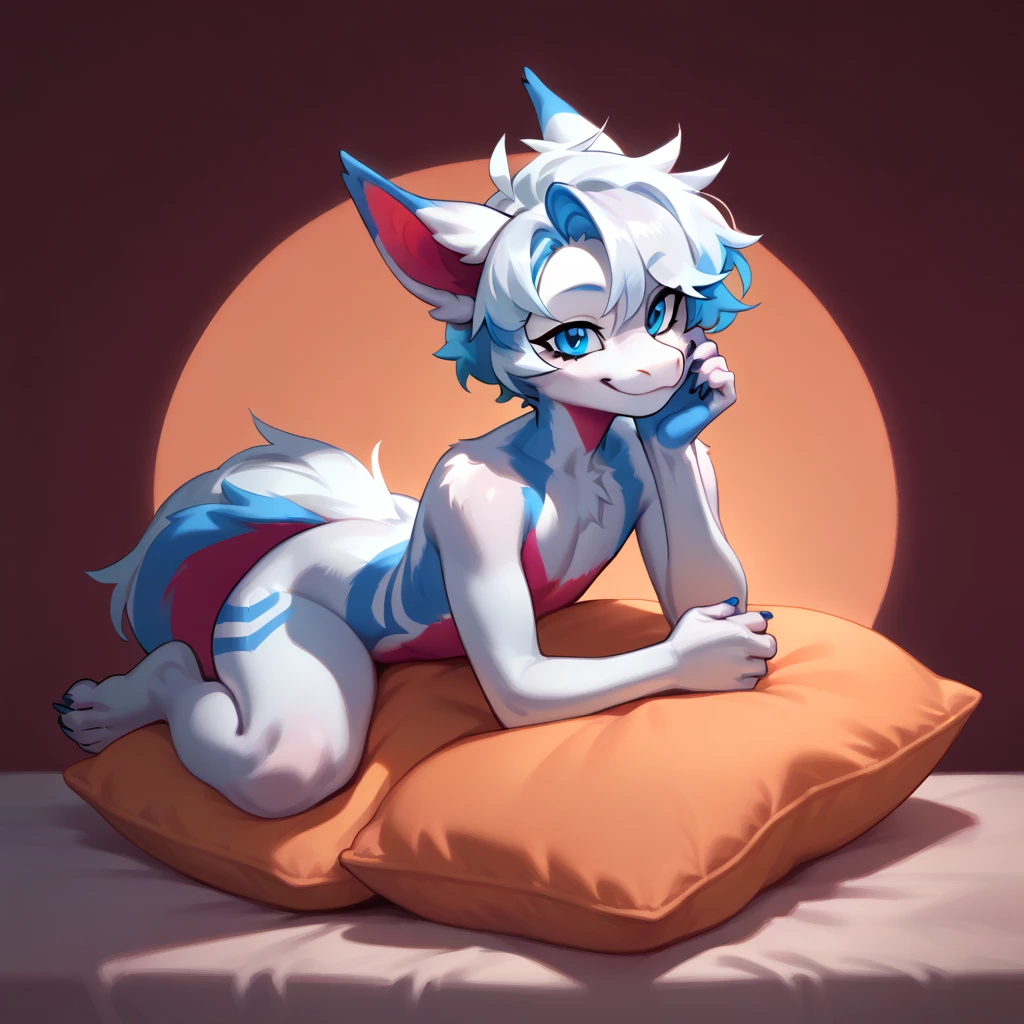 (small breasts:1.4),nipples,pussy,heart shaped pupils,eyes,on the bed,heart,fantastical,Pokemon,furry,kemono,cute,non-human, Hairless,Animal body,red fluffy long hair,orange color fluffy body,surprised face,body like a puppy,Collars,deformation,
