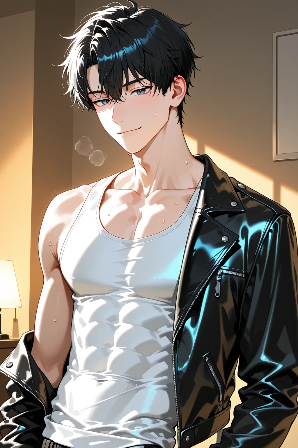 masterpiece, Highest quality, 19 old a boy, gay anime hentai, tall, no underwear, bedroom alone, sexy pose, blushing and smile face, Upper body naked, Brown Hair, black eyes, leather shorts, want sex, prostitute boy, full body, crotch emphasis, 