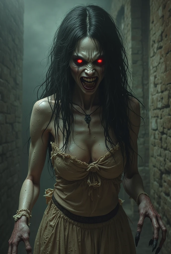 a terrifying mental image of a female figure of pure evil, immersed in a hideous, hellish environment, appearance with grotesque features and sinister deformities that evoke instant horror, glowing eyes, contorted skin, dark attire that exude an evil aura, environment around as a hellscape, distorted shadows, agonizing, obscure, terrifying nightmare, capturing all of the viewer's senses and leaving a lasting impression of horror, evil female figure in a obscure place coming from hell, nightmare, fiend, demonic presence
