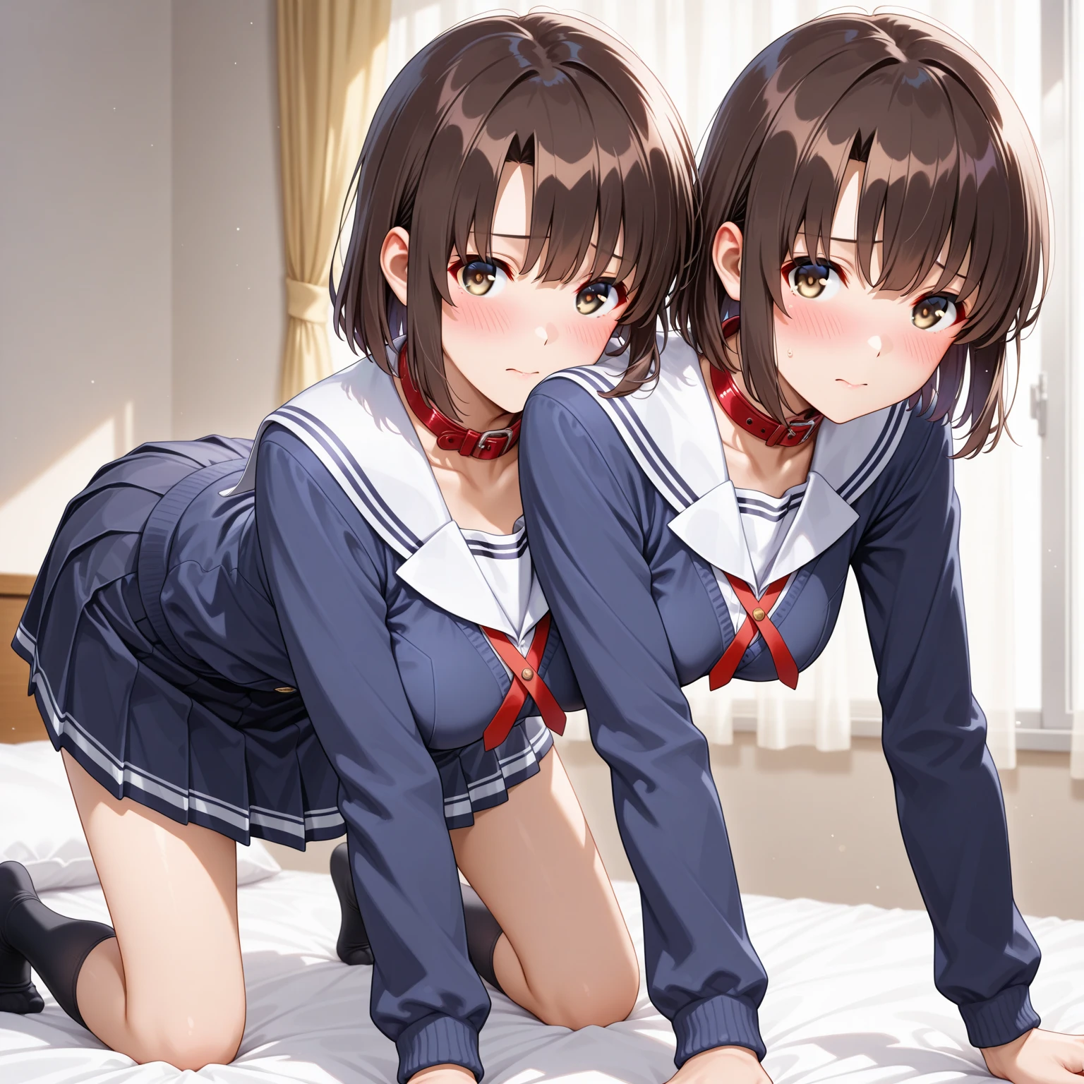 long hair, looking at viewer, blush, smile, open mouth, multiple girls, skirt, brown hair, shirt, long sleeves, 2girls, hair between eyes, brown eyes, , yellow eyes, white shirt, pleated skirt, serafuku, socks, indoors, black skirt, sailor collar, neckerchief, pillow, kneehighs, window, curtains, black socks, carrying, red neckerchief, black sailor collar, folded ponytail, anchor symbol, princess carry, inazuma \(kancolle\),