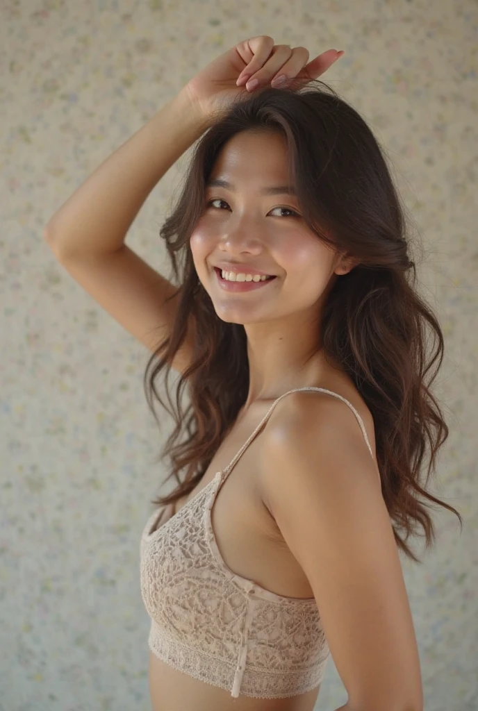 (Highest quality:1.4),(masterpiece:1.4),(Realistic:1.4),(Realistic:1.2),(超High resolution, RAW Photos:1.4),(High resolution, Very detailed:1.2),(8k:1.2),photograph,(Shot from behind:1.3)、Korean women、brown hair photos,One Woman,alone,(In underwear),Very large breasts,((Thigh to head shot:1.3))、(((topless、Large breasts are visible from the side)))、((Toothy smile))、((Very large breasts:1.4))、Realistic skin textures、Slightly freckled、Slender figure、Realistic skin textures、((background,Concrete wall:1.3)),(topless,The breast is visible from the side:1.6),(Long lace slip,White)、3 woman、The angle at which the nipple is not visible、((Updo long hairstyle))、((Black,Long lace slip:1.4))、Correct toes、Detailed facial features、Long slip covers the buttocks and soles of the feet、Long slip covers your butt、Focus on the buttocks