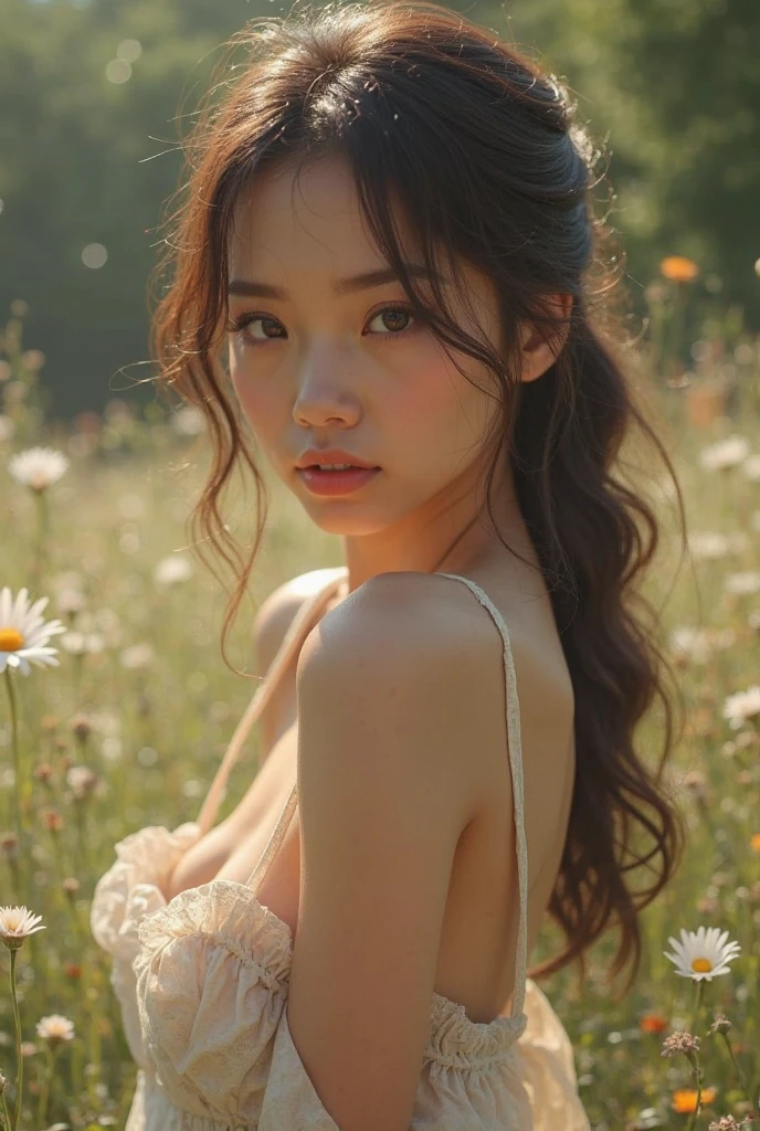a girl, 23, lying in a field of colorful flowers, beautiful detailed eyes, beautiful detailed lips, extremely detailed face and skin, long eyelashes, serene expression, flowers surrounding her, sunlight filtering through the petals, pastoral landscape, lush greenery, (best quality, 8k, highres, masterpiece:1.2), ultra-detailed, (realistic, photorealistic, photo-realistic:1.37), soft natural lighting, warm color palette, delicate, feminine, cinematic composition