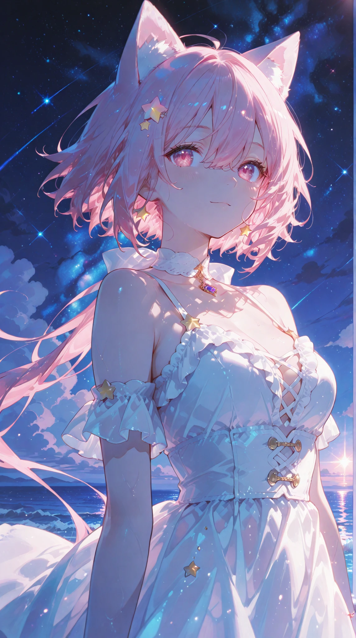 Beautiful girl with long purple hair and princess dress, side boob exposed Screentone processing Looking up at the moon Shaded painting style (null:1.3), (masterpiece, Highest quality, perspective, Depth of written border:1.5)