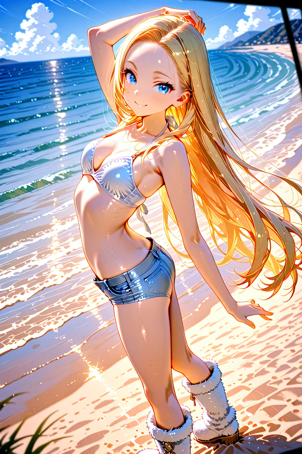 masutepiece, Detailed, Best Quality, Beautiful Girl, very small lace translucent bikini, Shackles, stock, Troubled face, big pool (prison), blonde sexy girl 1girl in, asuna from blue archive character, blonde female, Blunt bangs, Big breasts, Amused expression, Looking at Viewer, big butt, mature body, very big , small thong, erotic pose, big butt, full body picture, cameltoe, lace lingerie, blue eyes