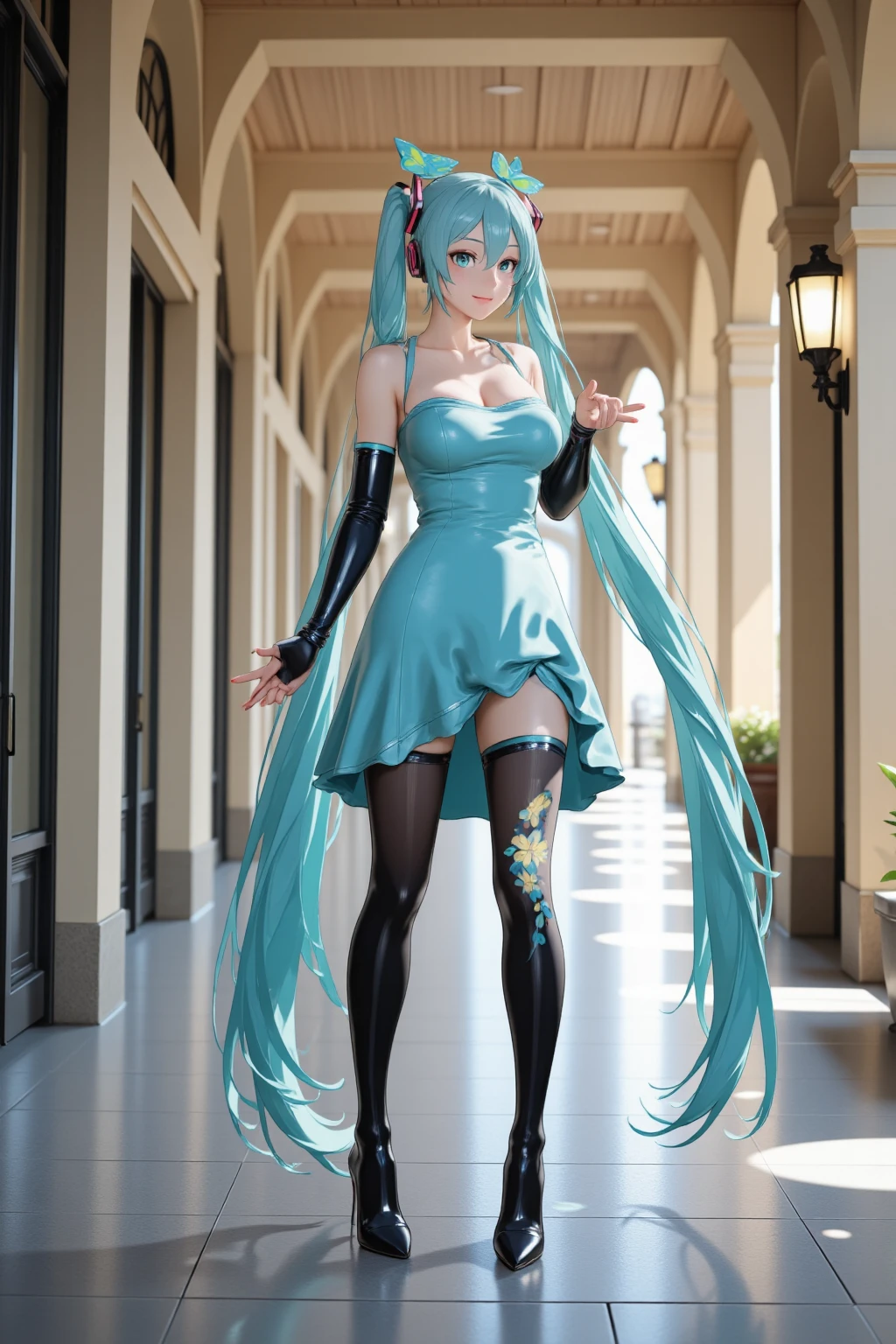 Hatsune Miku short tights sundress busty bursting bulging thick ponytail floor length