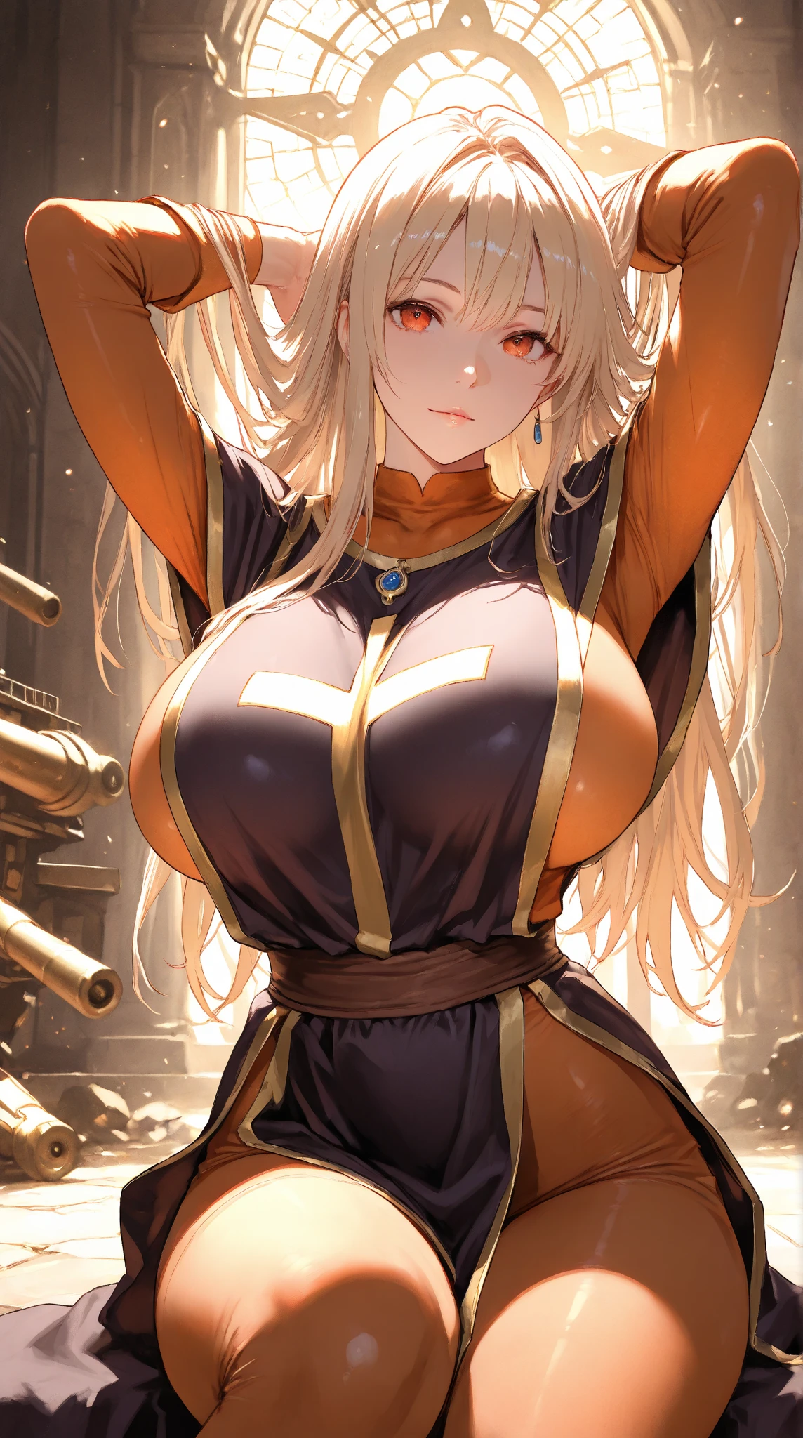 (best quality:1.5, highres, UHD, 4K, detailed lighting, shaders), gold wavy hair, gradient hair, large breasts, black shirt, skirt jeans, mature woman , red Witcher hat, (pov), white background, colorful red eyeshadow, dramatic lighting, smile eyepression, golden earrings, flowing hair, delicate facial features, soft skin, high cheekbones, white background, stand up, lean forward, full body