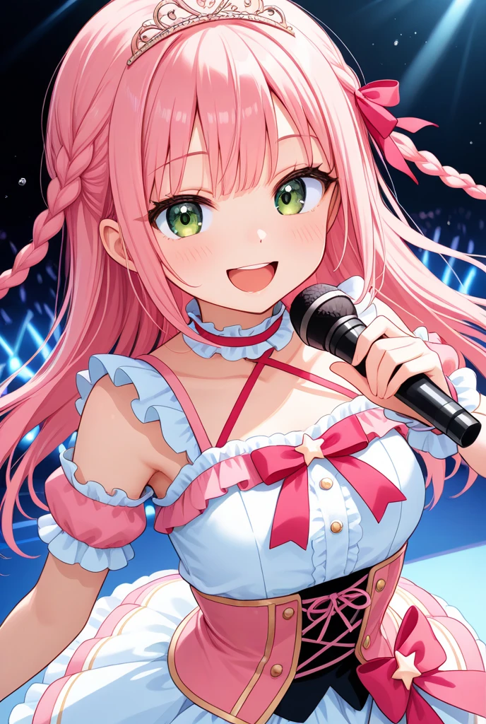 highest quality、High resolution、Detailed Background、(Beautiful face in every detail:1.4)、Anatomically correct、(Detailed facial expressions)、Teenage beauty、(Highly detailed face:1.4)、(Huge breasts:1.3)、Accentuate your cleavage、Show your side、A big smile、smile、
A sailor dress with a fluttering pink ribbon、A soft silhouette、Pretty figure、Cute gestures、
Standing on stage with big shining eyes、A sparkling smile that captivates the audience、A clear singing voice echoes through the venue、I was enchanted by the heart-tugging voice.、Her small hands move gracefully as she sings、I'm fascinated by her angelic behavior、A dreamlike sight、I am fascinated by her pure expression.、This moment is so wonderful I want to hold it forever、I'm grateful for the miracle of meeting this lovely girl.、A goddess of the stage who continues to shine forever、cute