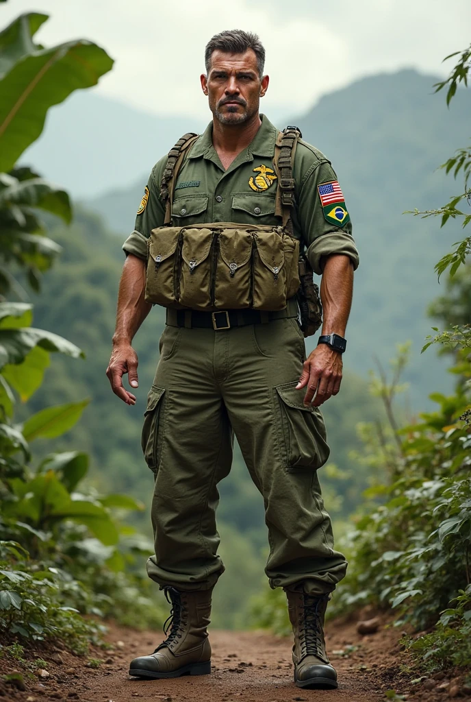 Authentic style,A strong security guard lost in the forest,坐在Stone上,Creek边,outdoor,Sitting,40 year old asian man,Looking at the camera,,Place your hands behind your body,Moustache,White beard,Short beard,(Security suits),Security suits开襟,A kind expression,Kind uncle,A polite greeting,Black short hair,Very short hair,Brown skin,Muscles fill up clothes,Mermaid Line,Trousers,Pants are damaged,(There's a giant oyster mushroom in my pants),Leg hair,Thick body hair,Black body hair,Leg hair,sandals,toe,full-body shot,Real person photos,Correct anatomical shape of the limbs,Full body shot,Fine skin texture,Stone,Creek,Soft Light,Low contrast images,Highest quality,4k quality,