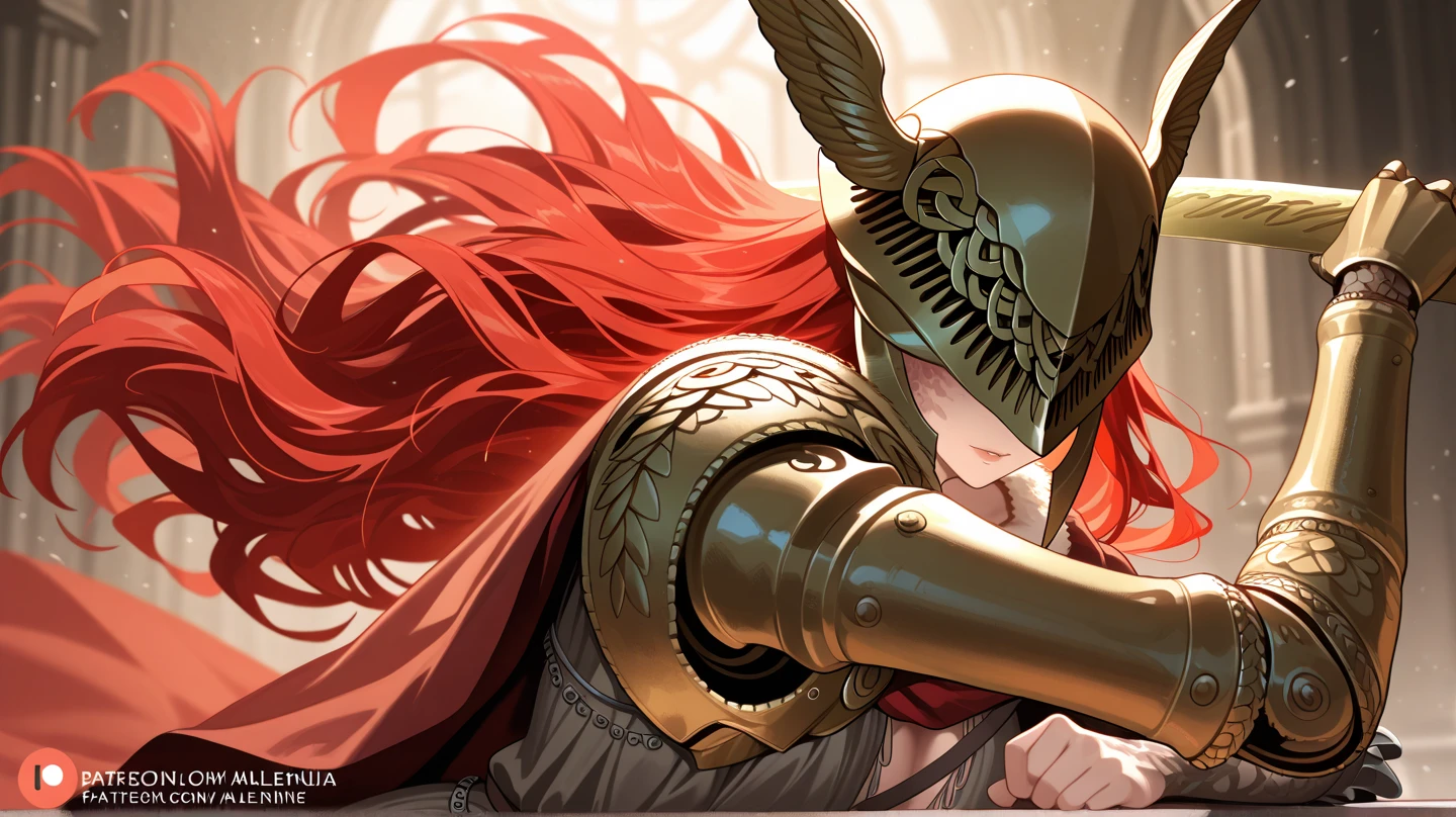 score_9, score_8_up, score_7_up, (An Anthro furry wolf girl, golden blonde furry body, red hair, wolf snout, black nose, MaleniaDef, helmet, covered eyes, covered eyes, single mechanical arm, prosthesis), naked, nipples, majestically posing, one hand on her arm, simple brown background, upper body shot, rear view,