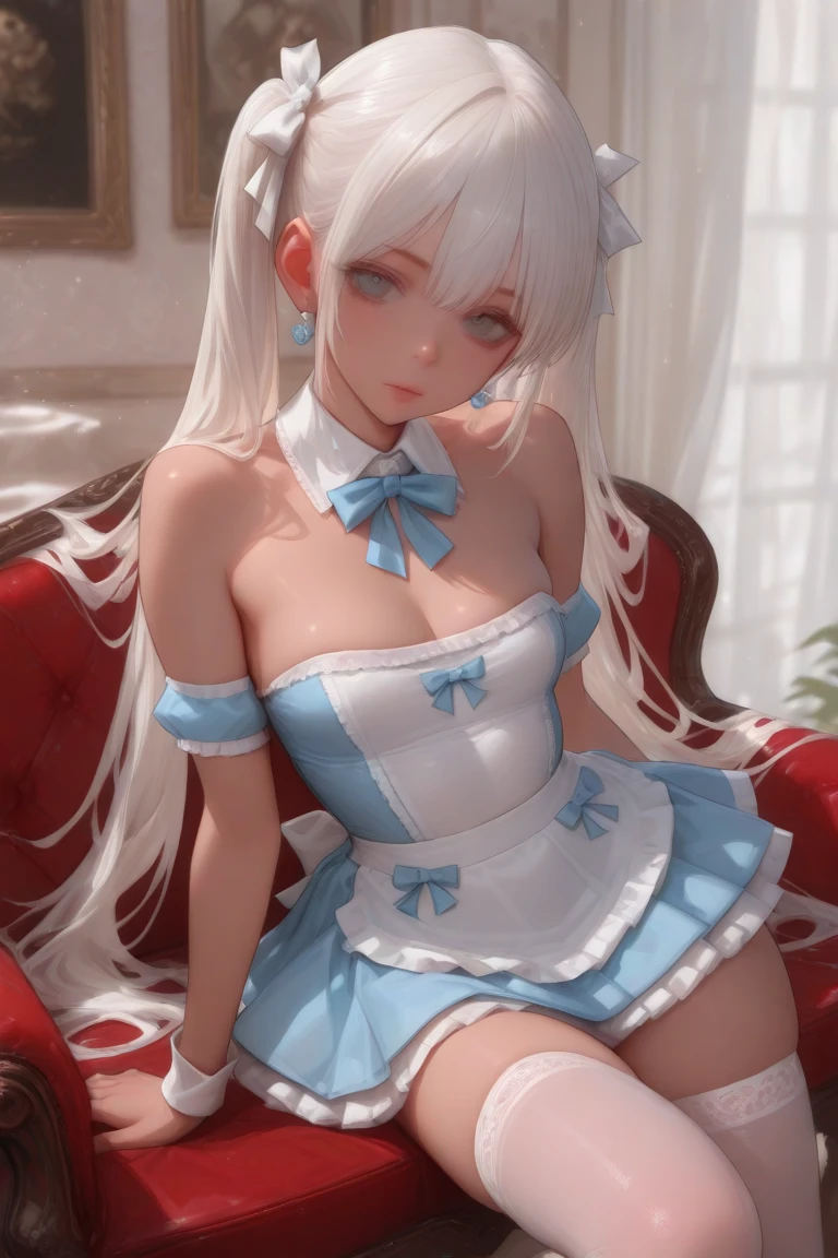 masterpiece, Best quality at best, A highly detailed, illustratio,(1girl),Beautiful detailed eyes, viewer, close-up, (breasts focus), White hair, shyness, cat ear, White Queen Dress, stocklings, Garter, blue eyess, thighlet