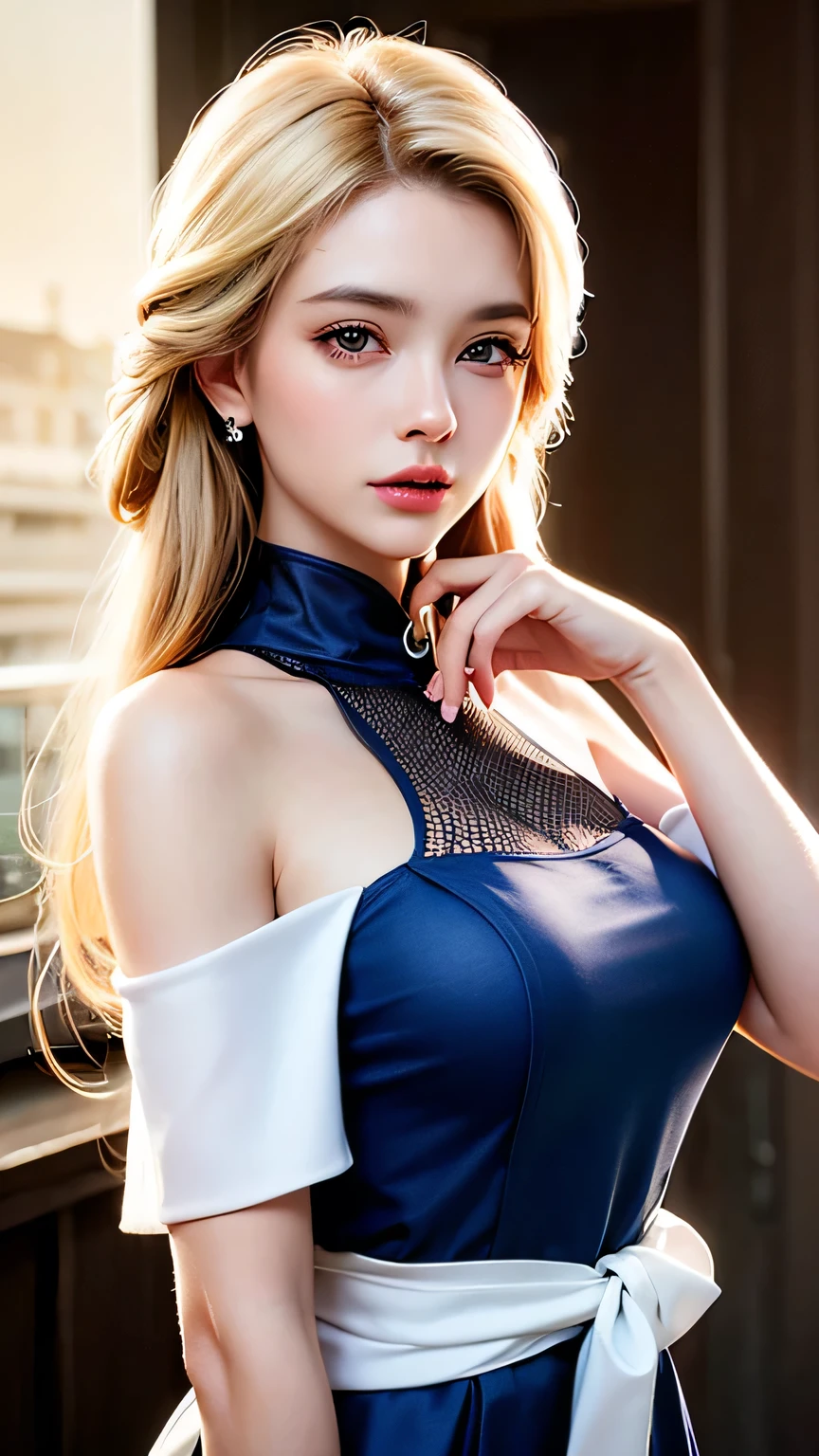 A woman in a blue posing for a picture - SeaArt AI