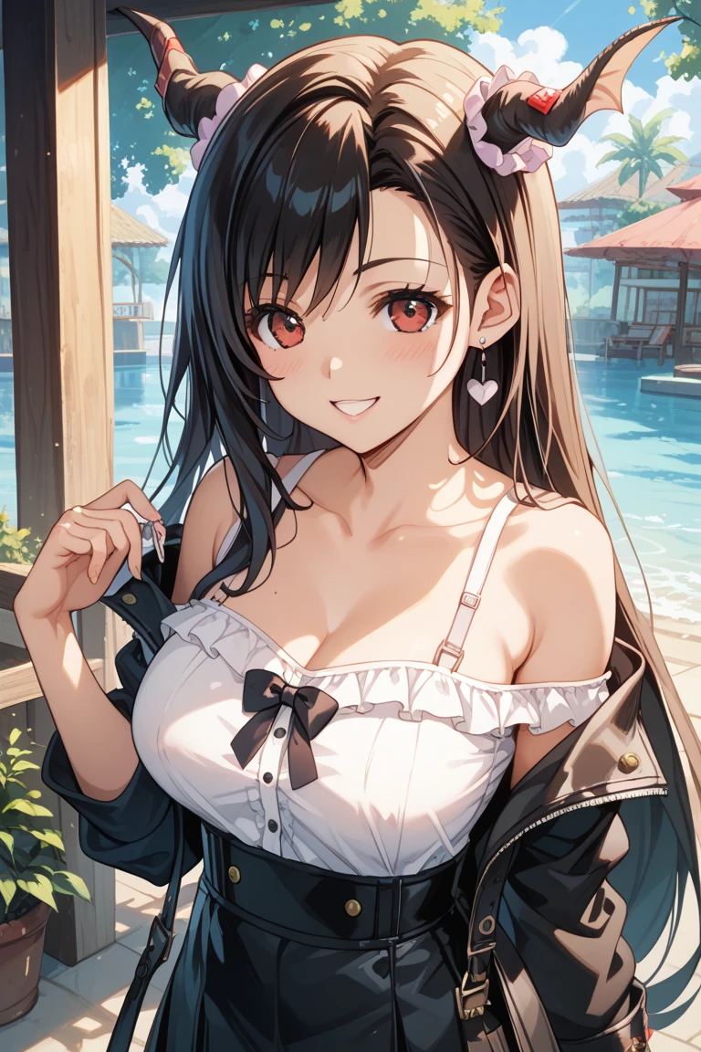 super high quality, ultra high resolution, hyper-detailed, high contrast, ultra fine strike, creative sophistication,black hair,living room,smile,cleavage