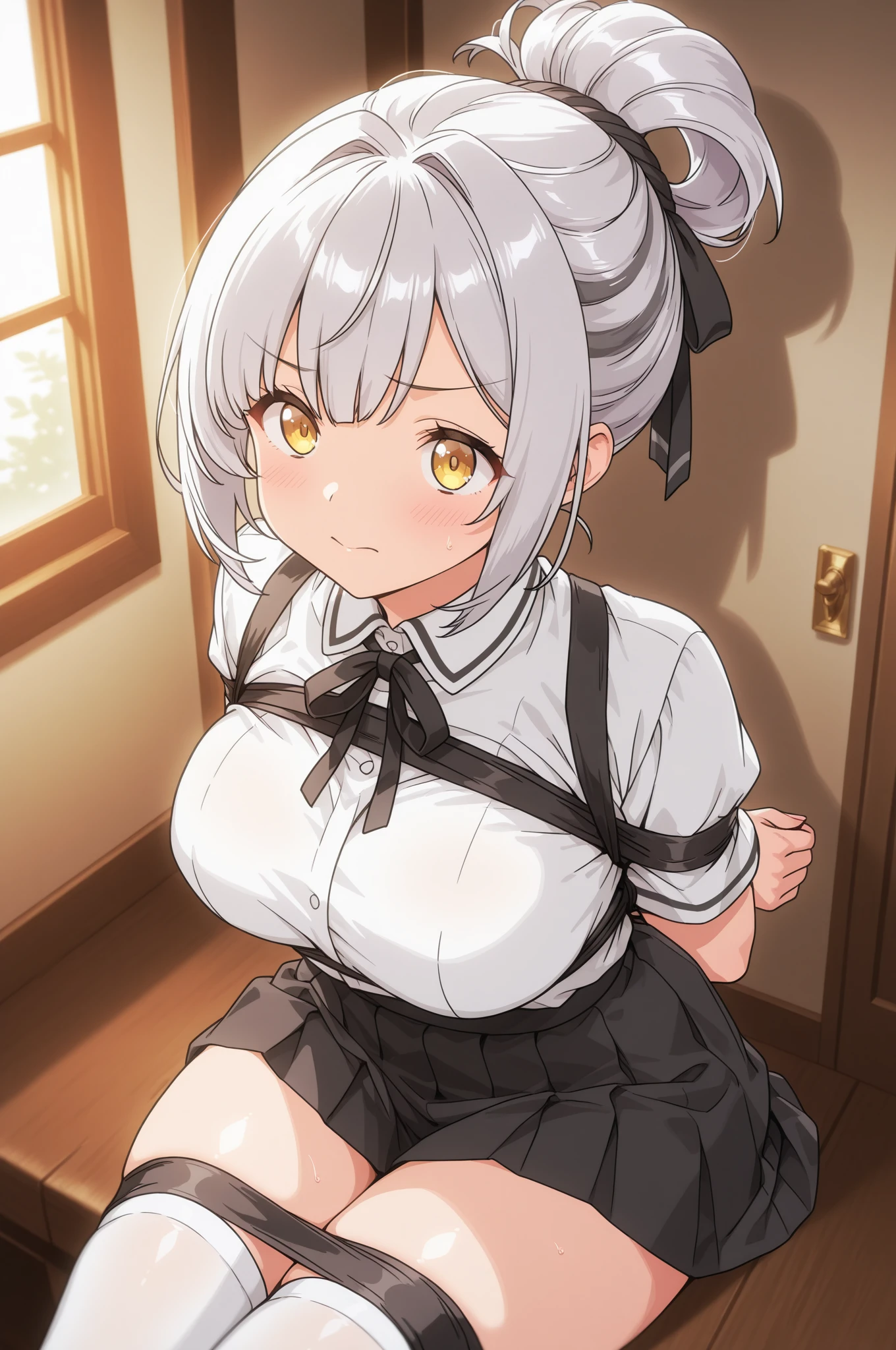 best quality, high resolution, indoors, best quality, high resolution, 1woman, uzaki tsuki, closed eyes, (huge breasts:1.2), 1girl, virgin destroyer sweater, grey hair, blush, embarrassed, closed mouth, :o, low ponytail, cowboy shot, ass focus