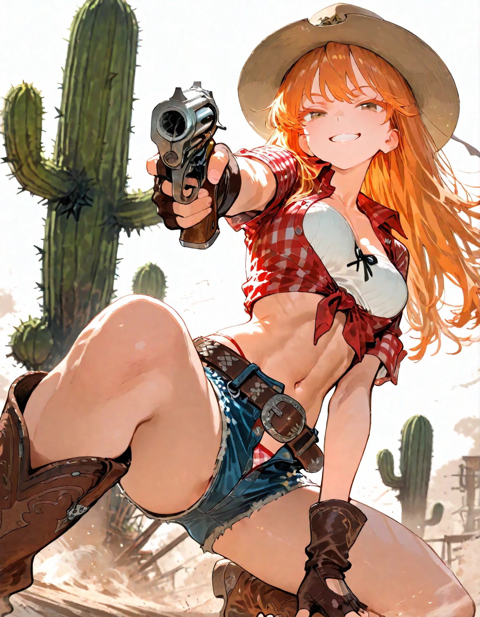 (In 8K, Best Quality, Master Piece:1.2),Ultra High Resolution,1 girl,solo,ultra-detailed face,detailed eyes,brown eyes,superhero landing,holding a revolver,orange hair,grin,looking at viewer,colored_eyelashes,colored eyelashes,long hair,short sleeves red Gingham plaid shirt,unbuttoned shirt,tied shirt,tube top inner,Ten-Gallon Hat,open fly,string panties,denim shorts with leather belt,Toned,medium breasts,leather fingerless glove,cowboy boots,from below,cinematic lighting,giant cactus,dust,cinematic lighting,western,in Ranches