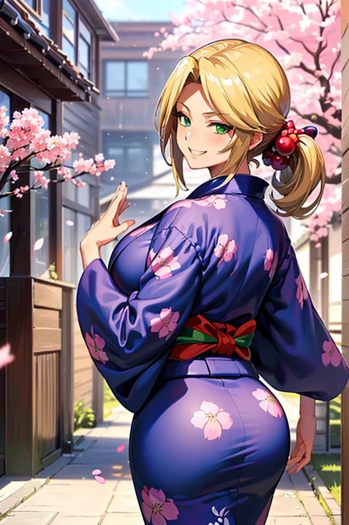 Twin tails, Asymmetrical Hairstyles, Stylish hairstyle, Pink and々Hair color, hair ornaments, blue eyes, Dark brown skin, Large Breasts, Big Ass, Wide hips, She is wearing a pink yukata with a floral pattern, Pink theme, Japanese atmosphere, Japanese garden, cherry blossoms, cherry blossoms木