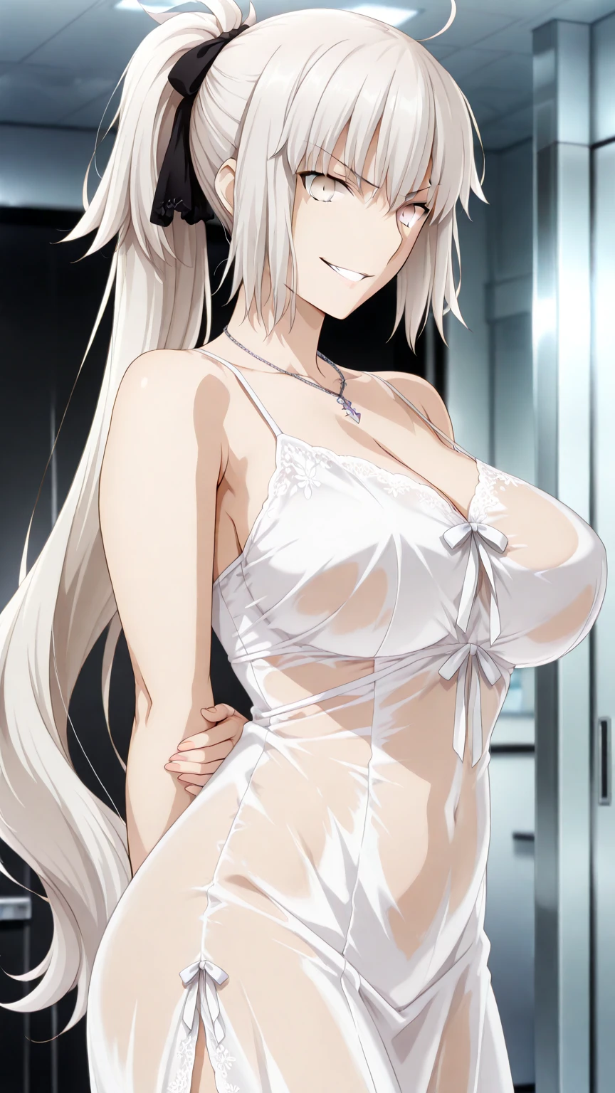 Purple Eyes、Long Hair、Silver Hair、(masterpiece:1.2)、highest quality、Game CG、Easy to understand、Easy to understand、cg_unity_8K_wallpapegures、High resolution、Disturbance、throw、Blind、Particles of light、(1 girl)、(Portrait)、 (Mature Woman)、Mature Woman、、Knee socks、Pink Ribbon、have、Smiling seductively at the camera、bedroom,(see-through camisole:1.2), cleavage, side-tie panties,(special occasion thong panties:1.3),
wariza,armpits,