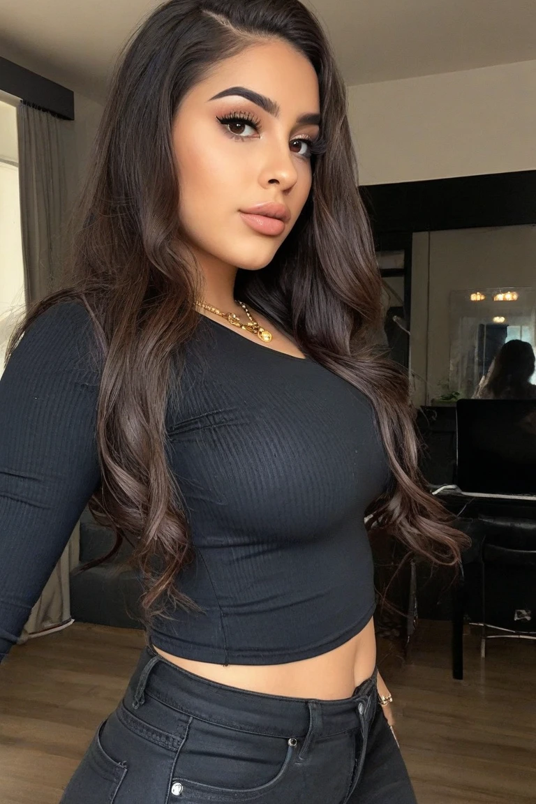 blusa comprida, com as maos na cintura