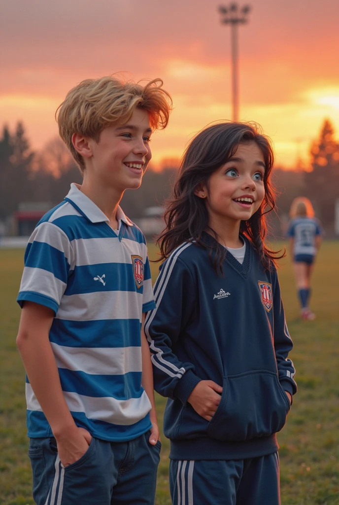 Boy and girl in vintage sports uniform in red colors, blue and white.
