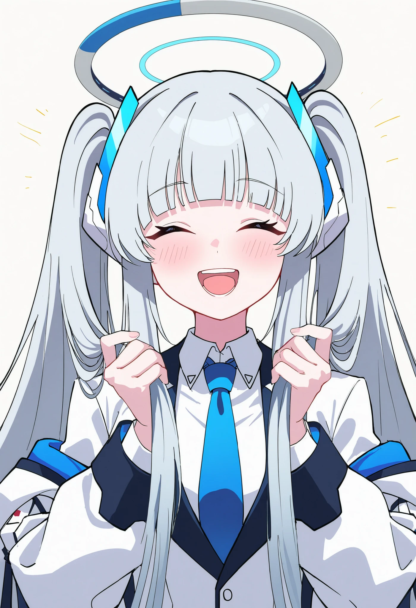 1girl, (blue archive:1.1),
noa,
halo, solo, alternate hairstyle, mechanical halo, closed eyes, blue necktie, twintails, shirt, white background, necktie, smile, long hair, simple background, white shirt, jacket, collared shirt, open mouth, long sleeves, holding, upper body, grey hair, holding hair, white jacket, blush, facing viewer, sidelocks, blunt bangs, teeth, ^_^, amazing quality, ultra detailed, best anatomy, HDR, 8K, high detail RAW color art, high contrast, large pupil,
masterpiece, best quality, newest, very aesthetic, absurdres, highres, highres, sensitive